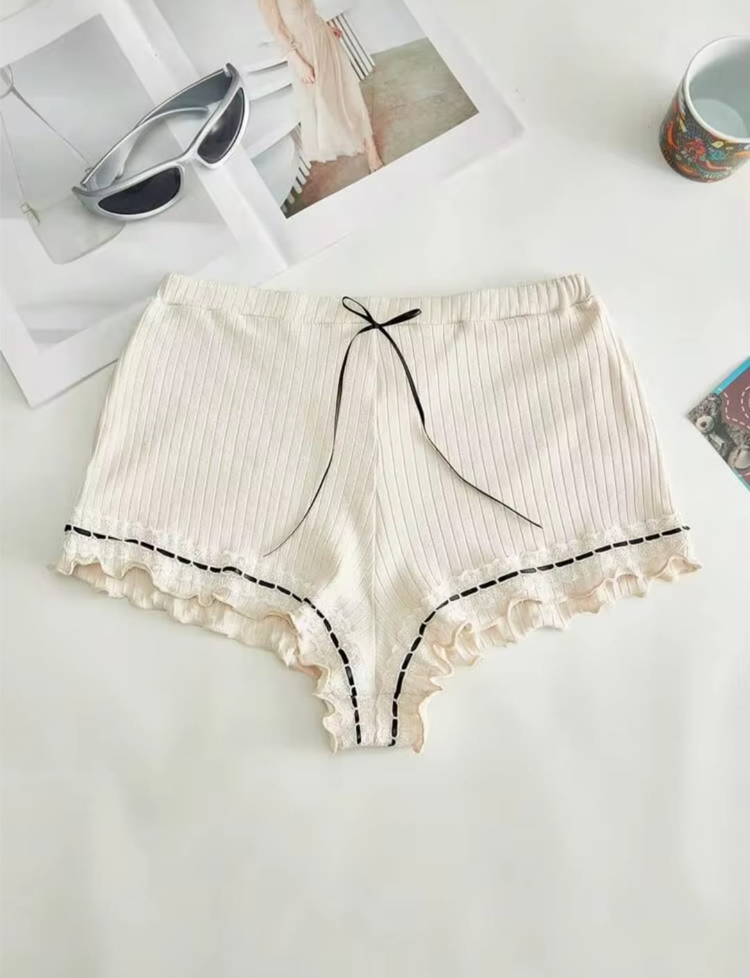Women's Ribbed Ruffle Hem Slip Shorts / Coquette Style Lounge Shorts - Beige
